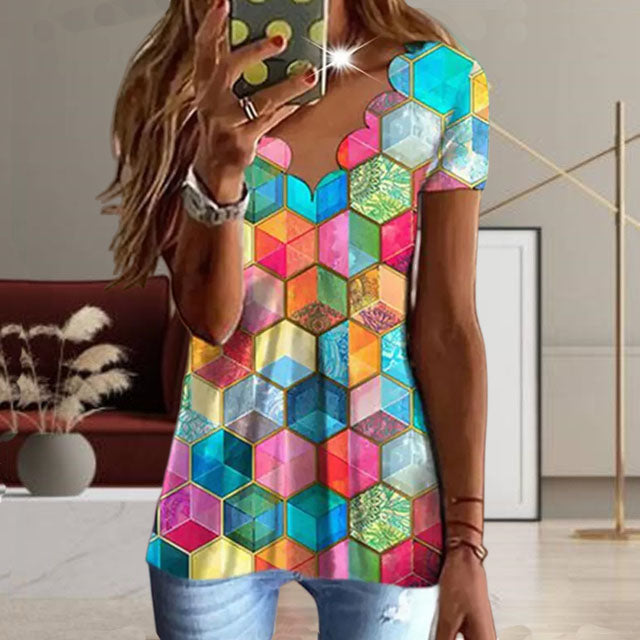 Bunt Bedrucktes T-Shirt Mit Geometriemuster