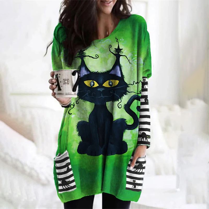 Halloween-Hemdkleid Mit Katzenmuster